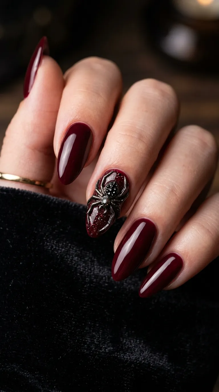 deep wine red spider nails with 3D spider accent