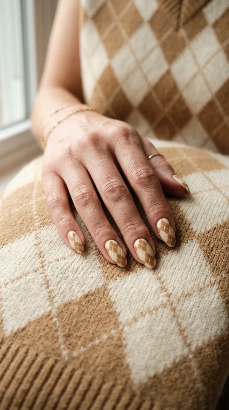 Sweater weather nails with a tan argyle pattern