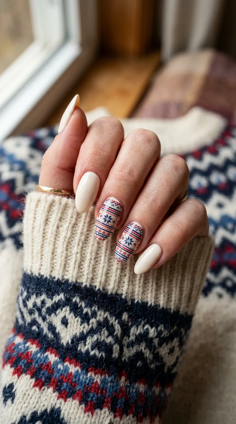 Sweater weather nails with a fair isle pattern accent nail