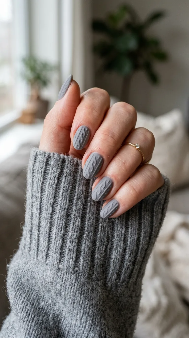 Sweater weather nails in grey with fine cable-knit line art