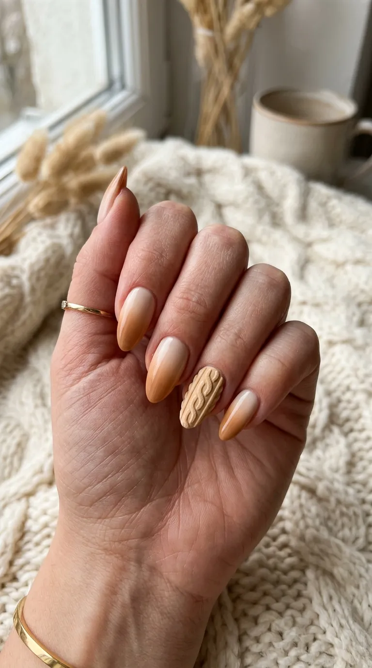 Sweater weather nails with nude ombre and a cable-knit accent nail
