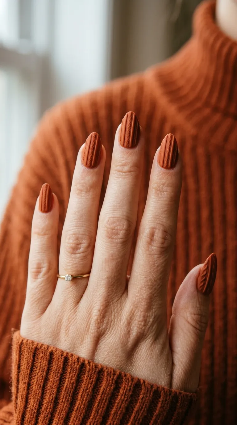 Sweater weather nails in a rust orange chunky-knit inspired shade