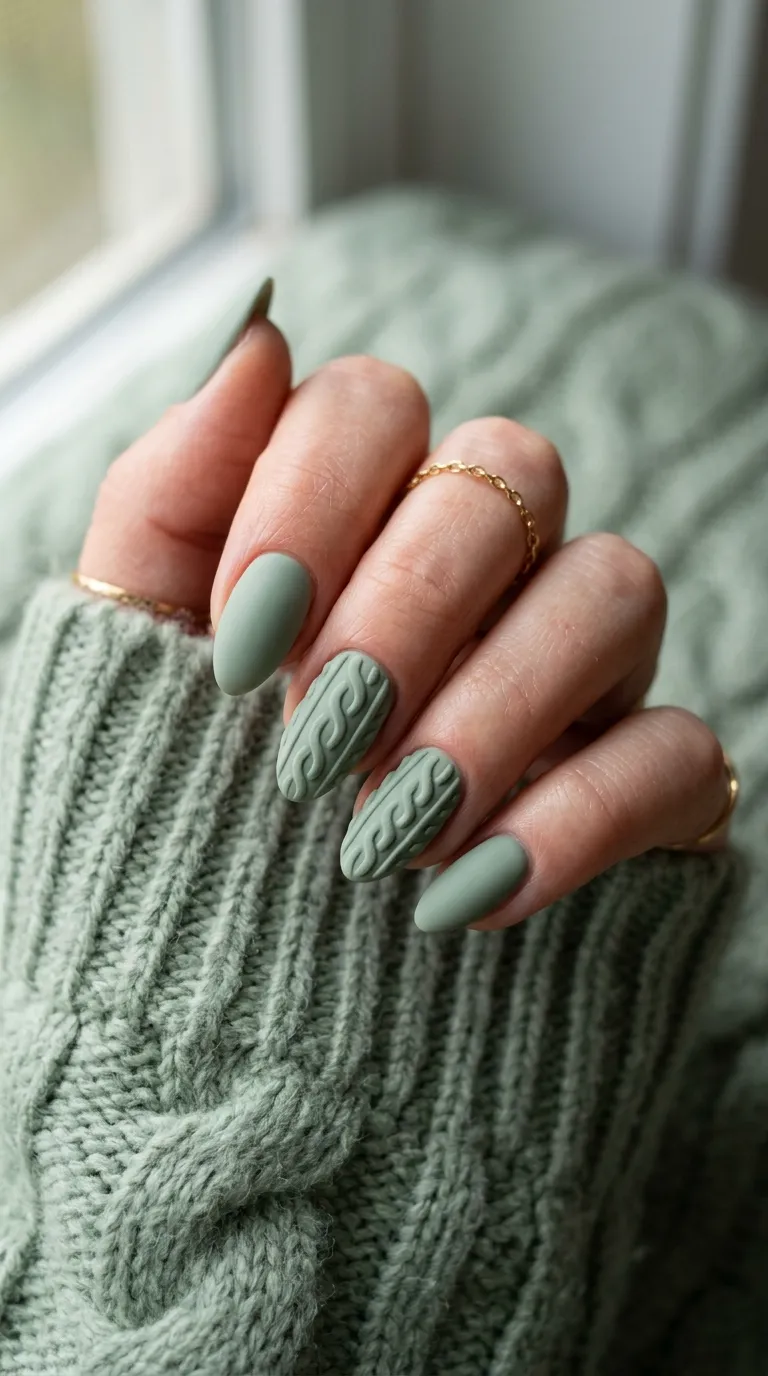 Sweater weather nails in sage green with 3D cable-knit texture