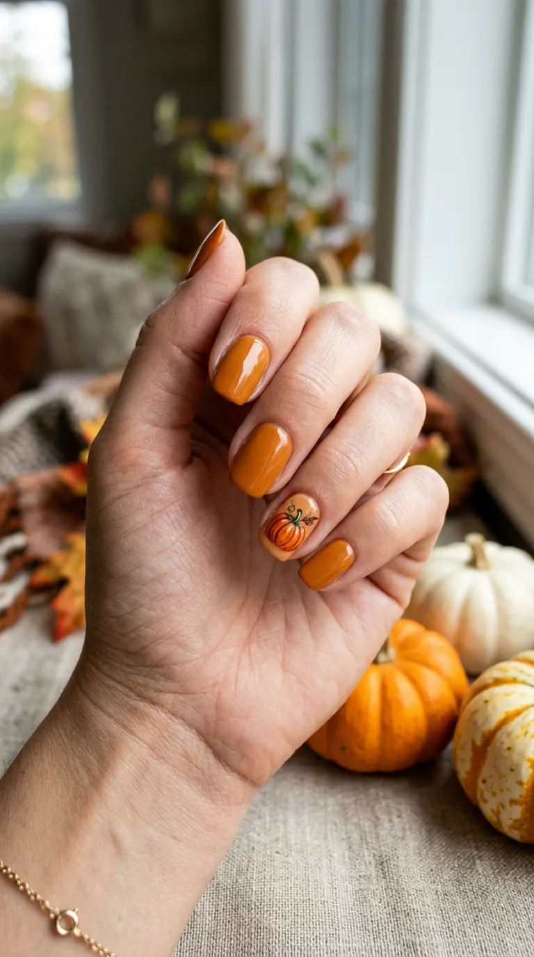 Thanksgiving nails in warm gourd-orange with a hand-painted pumpkin accent