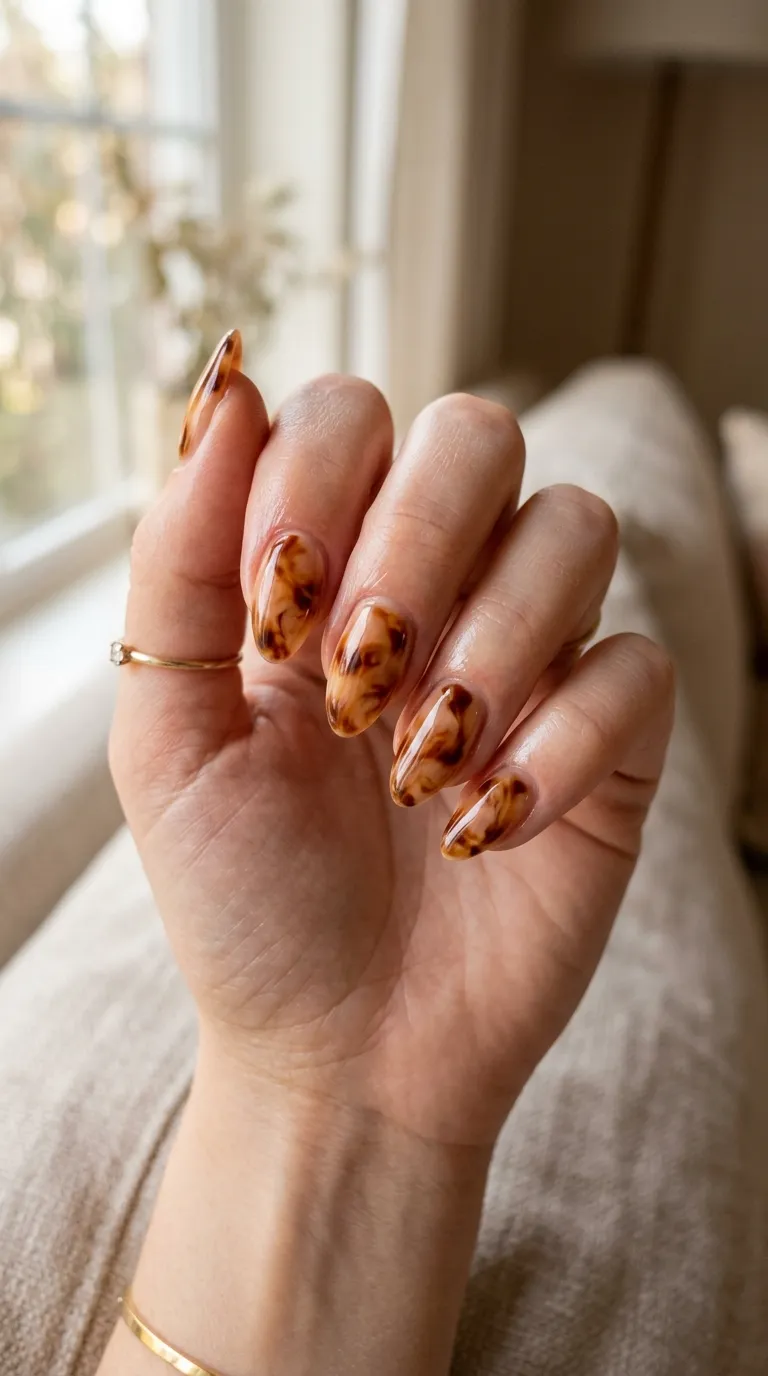 Tortoiseshell nails with warm nude base and three-tone amber marbling