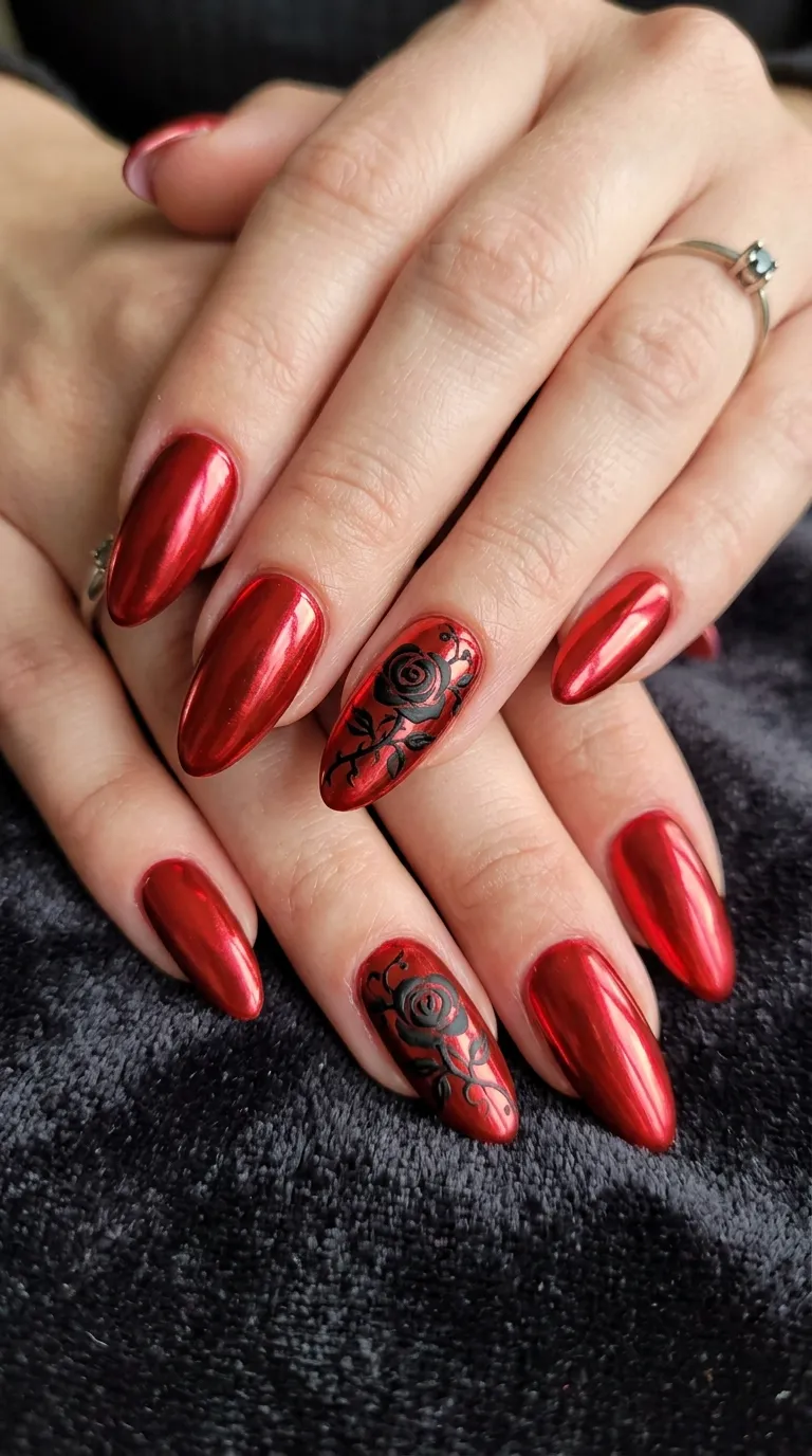 blood-red chrome vampire nails with black rose accent