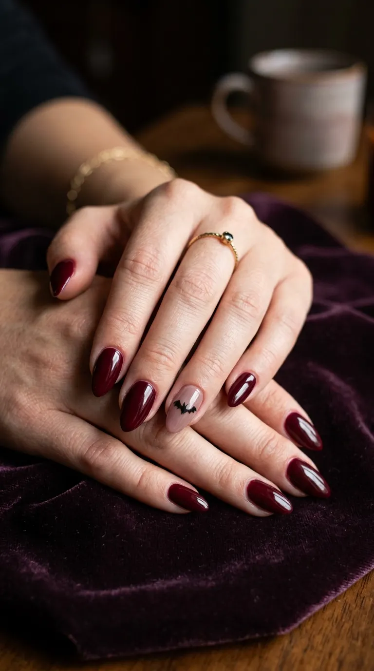 deep burgundy almond vampire nails with subtle bat-silhouette accent