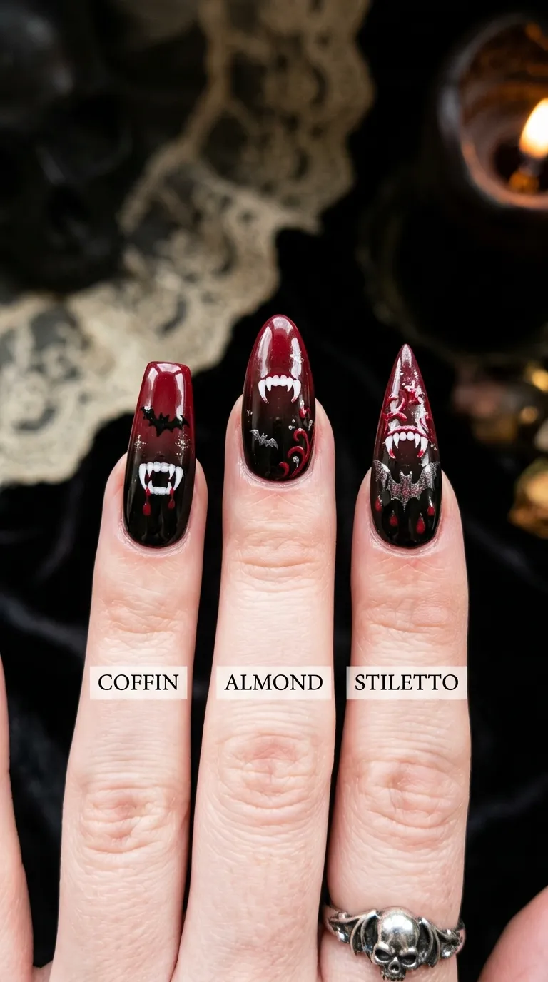 vampire nails comparison on coffin, almond, and stiletto shapes