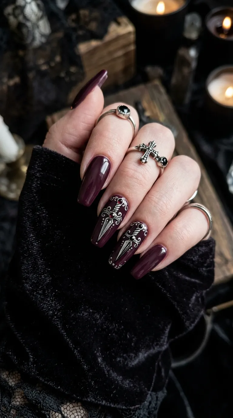 dark plum vampire nails with gothic dagger accent