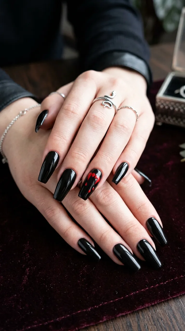 glossy black coffin vampire nails with red fang accent