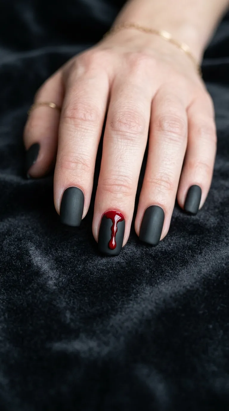 matte black vampire nails with dripping red blood-drop accent