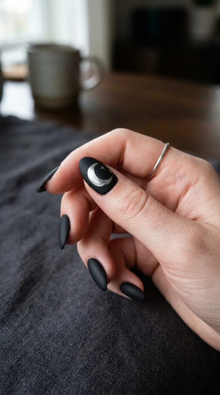 matte black vampire nails with metallic silver crescent-moon accent