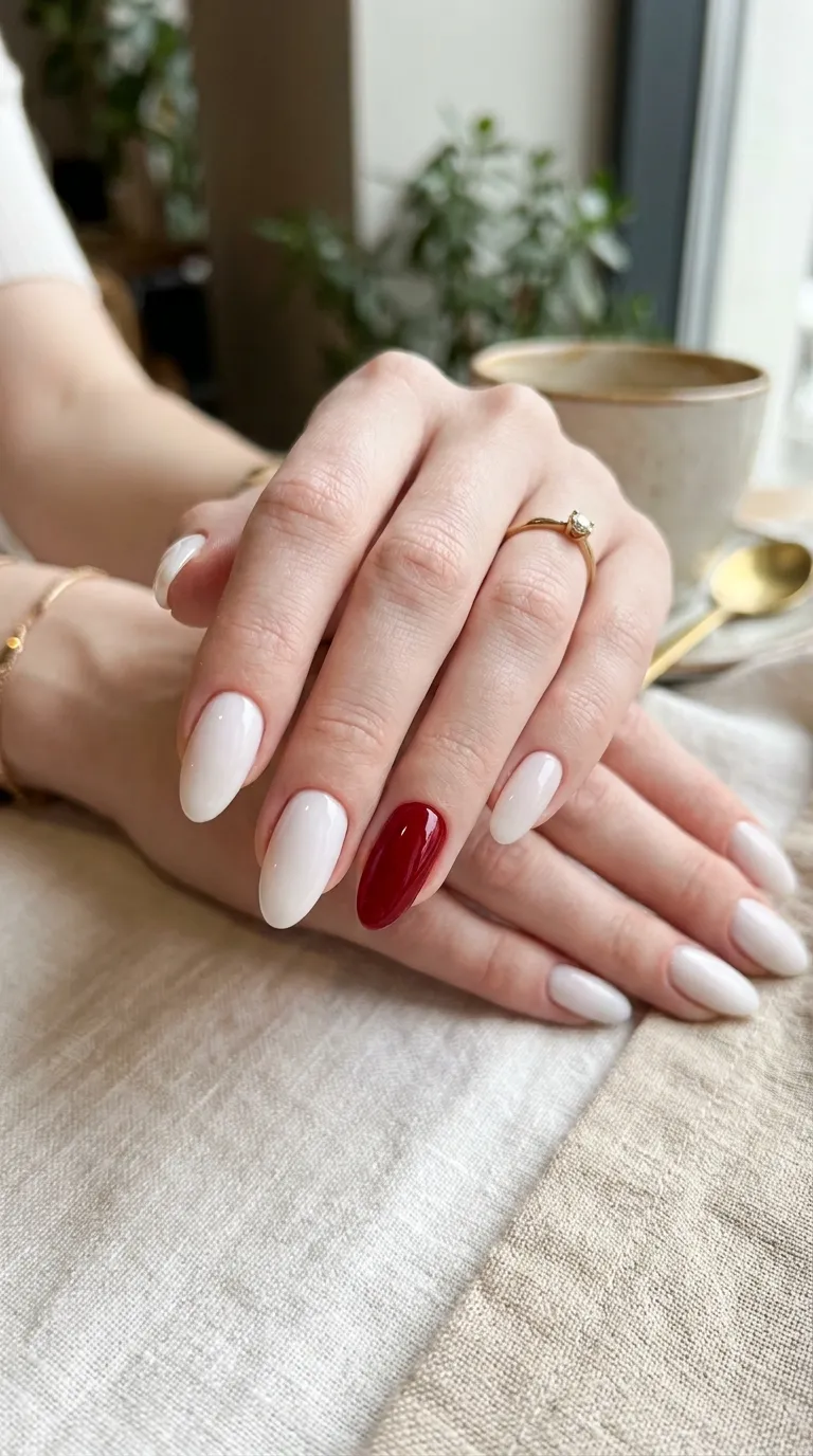 pale porcelain-white vampire nails with one crimson accent nail