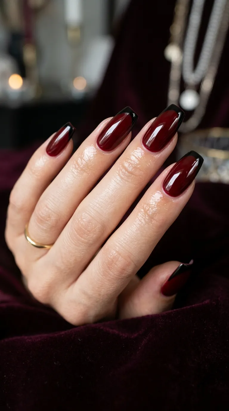 classic red and black French tip vampire nails with drip detail