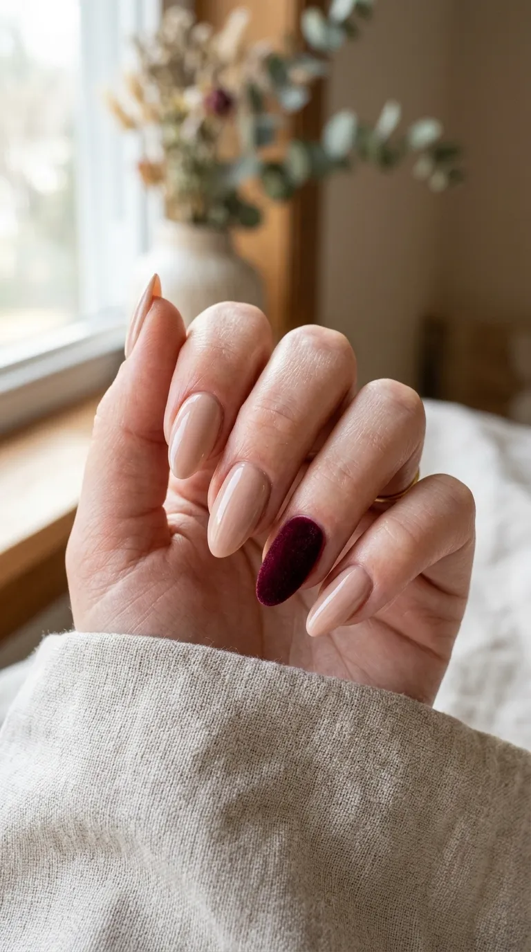 Velvet nails with a glossy nude base and one burgundy velvet accent nail