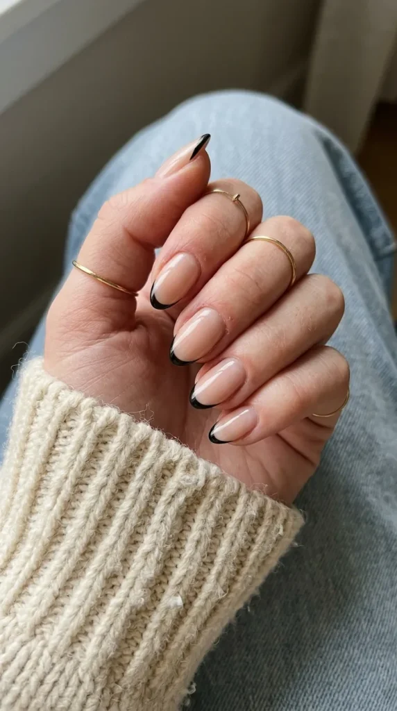 almond halloween nails: sheer nude almond nails with thin black French tips