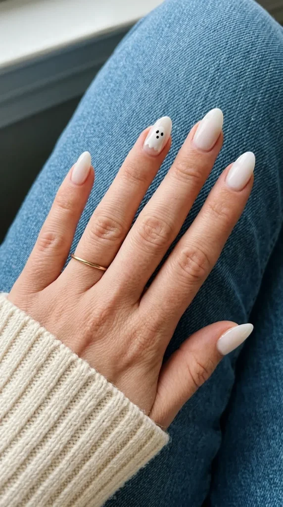 Milky almond nails with one small ghost accent nail