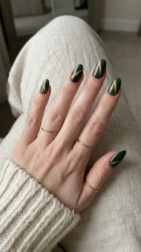 Dark green cat eye almond nails with a gold magnetic line