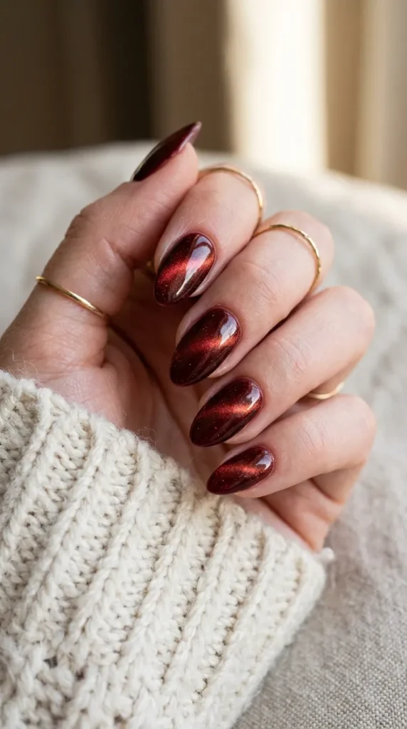 Garnet red cat eye almond nails with a moving magnetic line