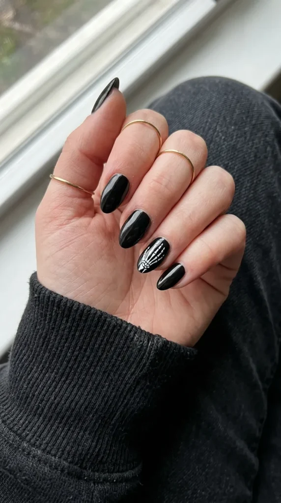 Black almond nail with white skeleton hand line art