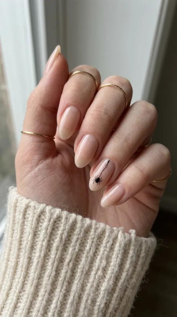 Almond nail with a small black spider and silk thread from the cuticle