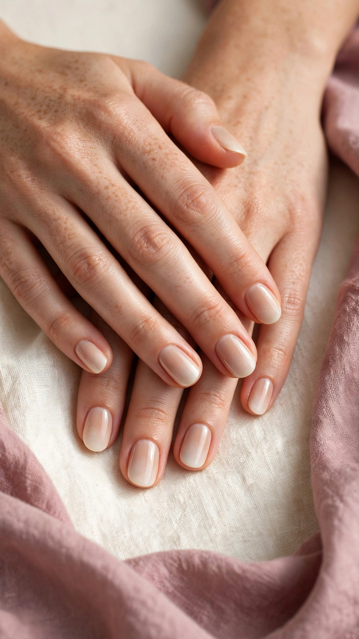 Close-up of a natural American manicure with nude polish and softly blended cream tips