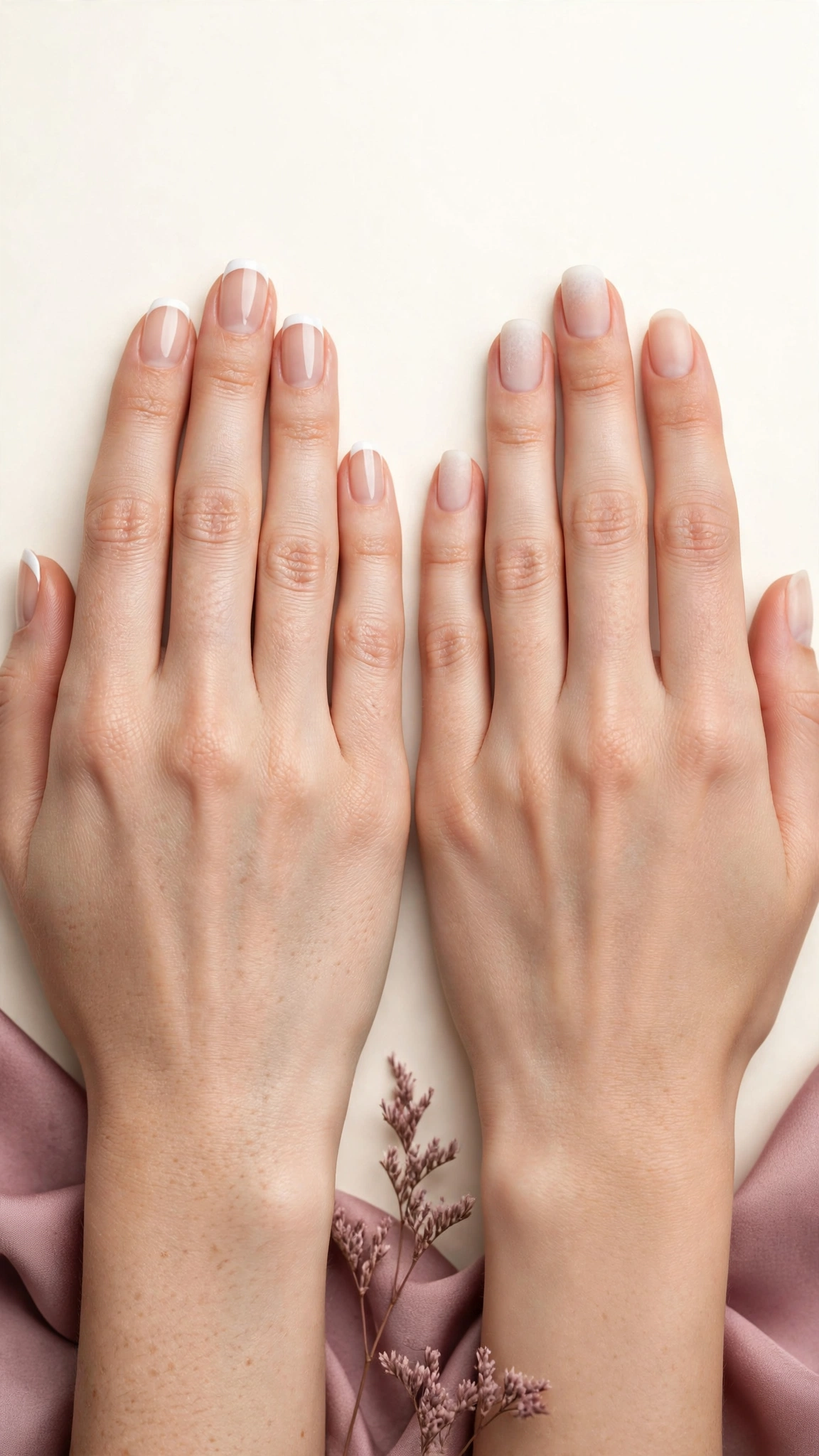 Side-by-side comparison of a French manicure with bright white tips and a soft natural American manicure