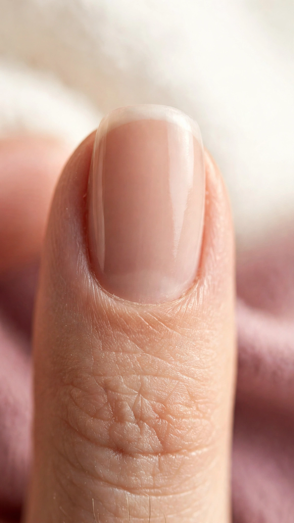 Macro detail of gently groomed cuticles on a natural American manicure