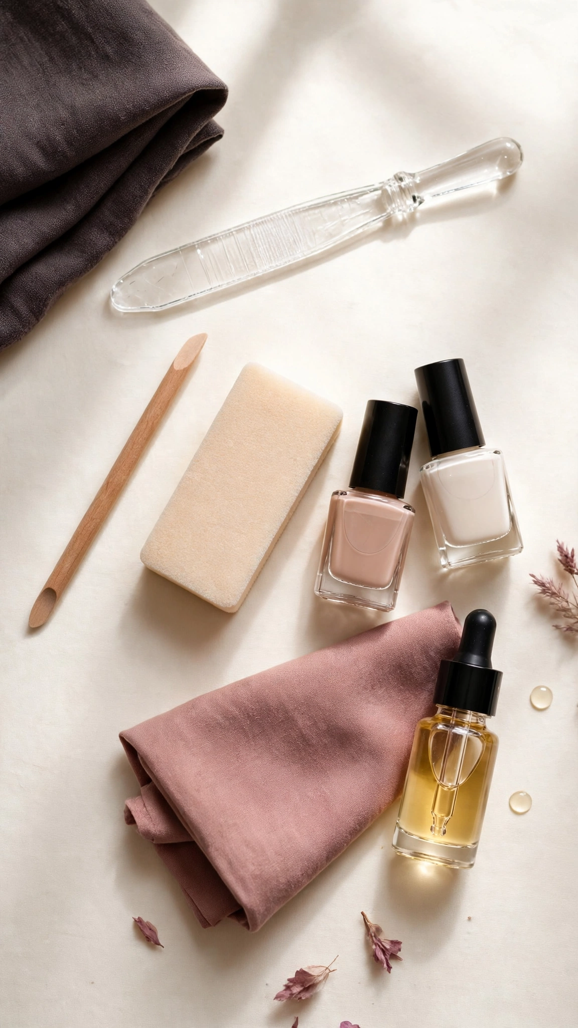 Flat lay of manicure tools and nude and cream nail polish bottles for an American manicure