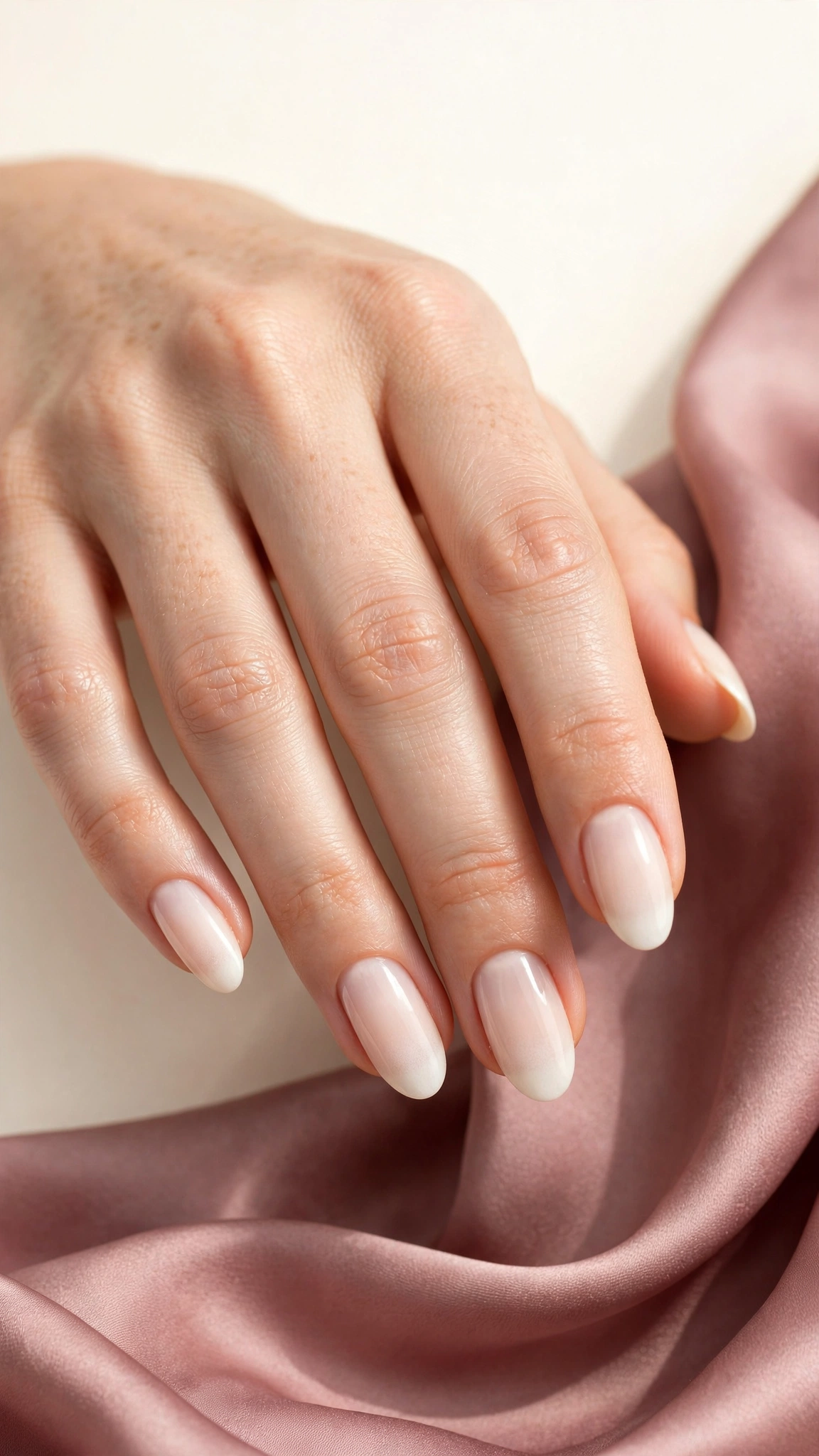 American manicure with soft white tips on almond-shaped nails