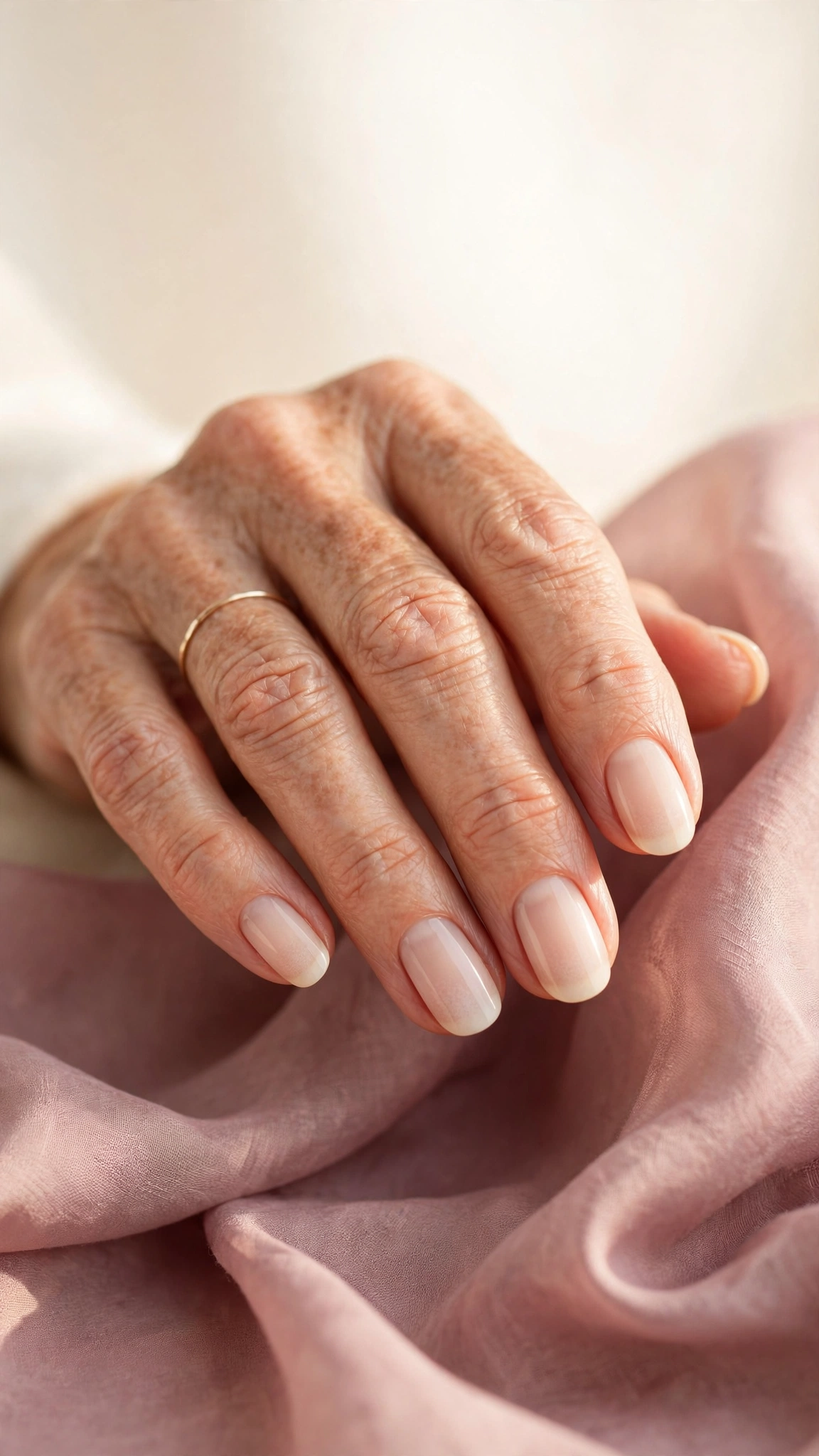 Elegant mature hand with a timeless American manicure in nude and cream