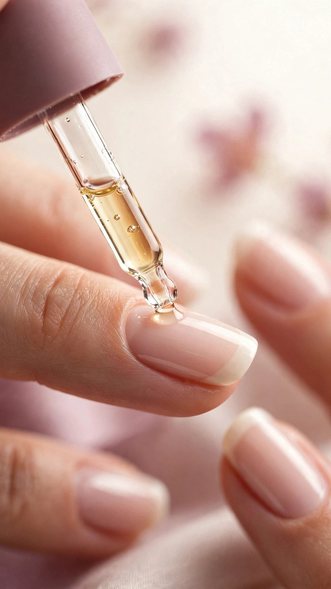 Cuticle oil being applied to a fresh American manicure for aftercare