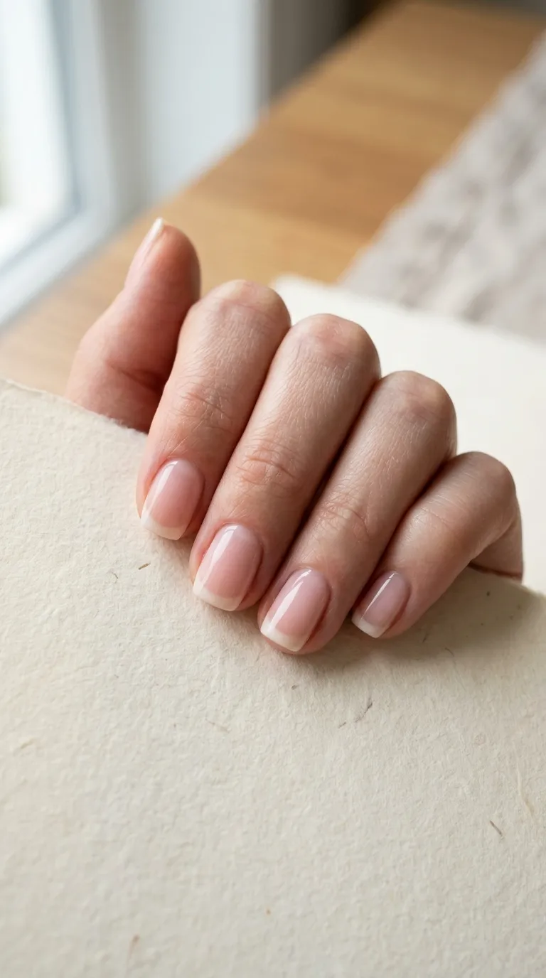 Illustrative design image: short squoval nails with a soft French tip on a sheer pink base