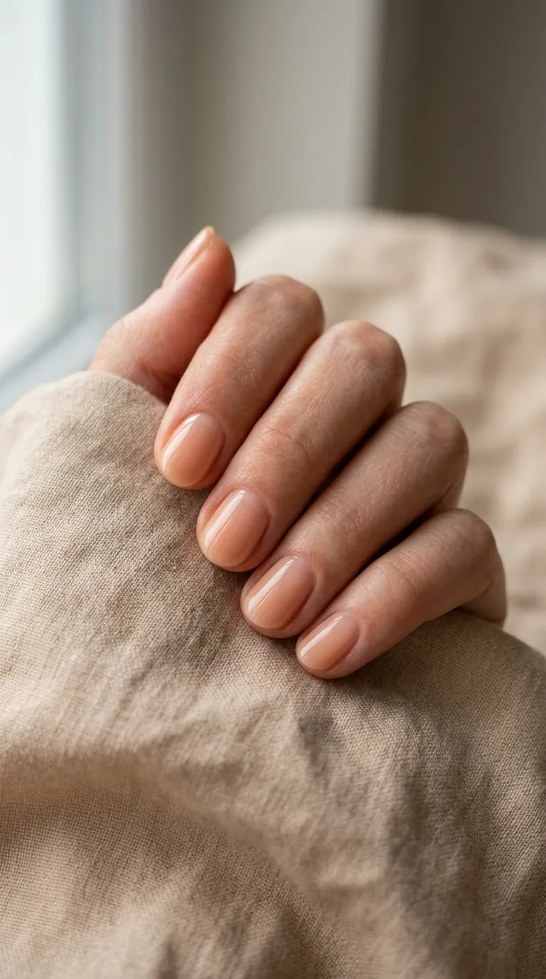 Illustrative design image: short oval nails in a sheer peachy-nude overlay