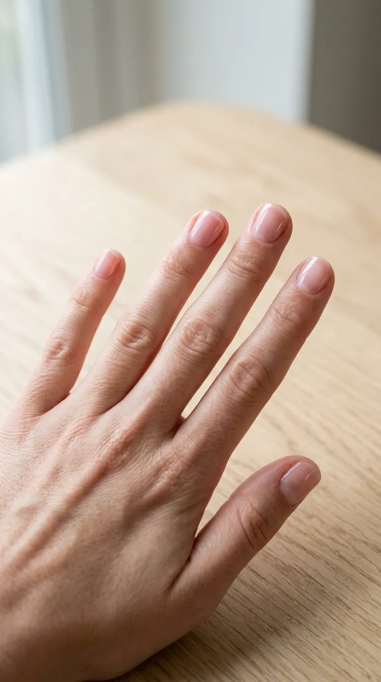 Illustrative design image: very short natural nails with a clear glossy pink-tinted overlay