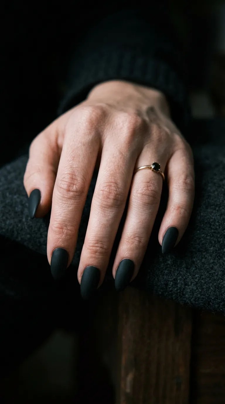 Black Halloween Nails &ndash; matte velvet black nails on a dark velvet background