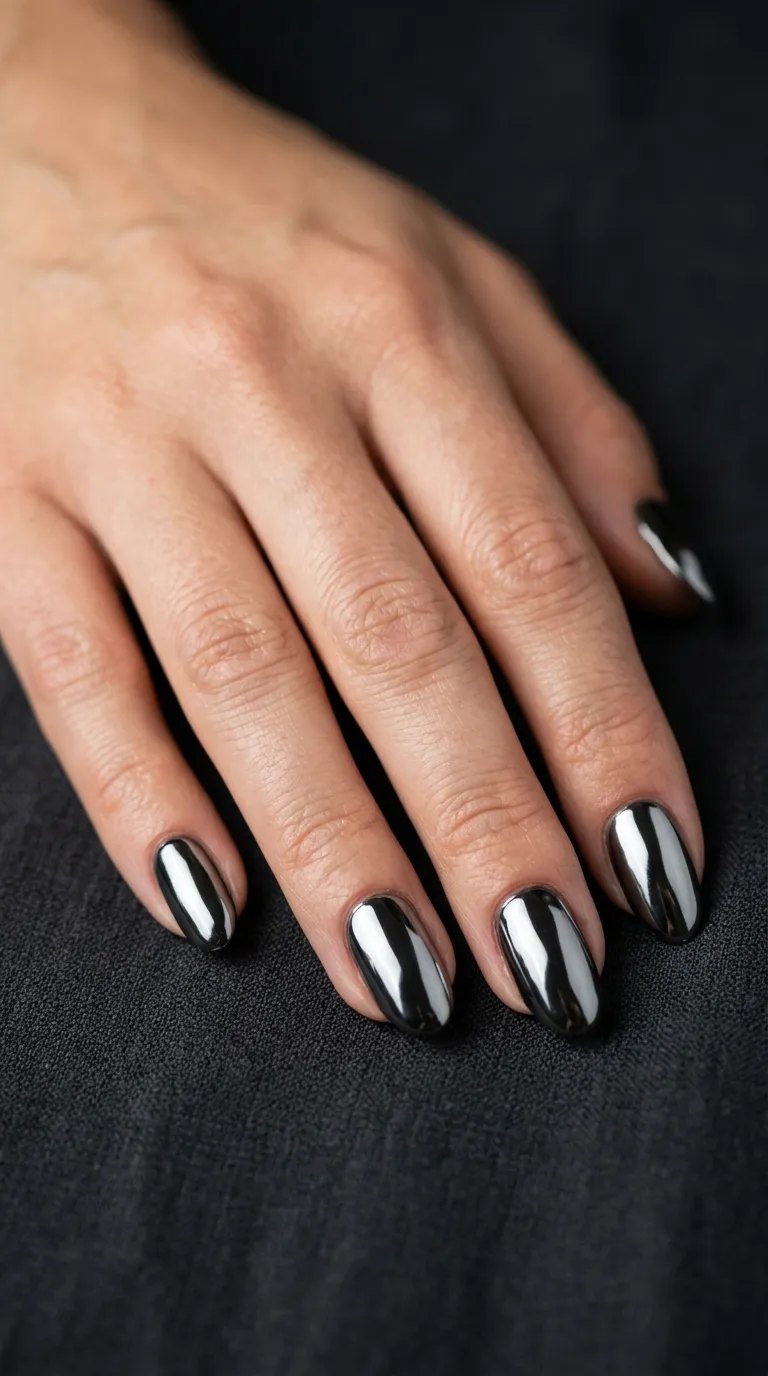 Black Halloween Nails &ndash; black chrome mirror nails with silver streaks on dark fabric