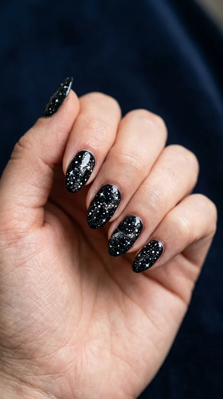 Night-sky speckle nails with tiny white and silver dots on a black base