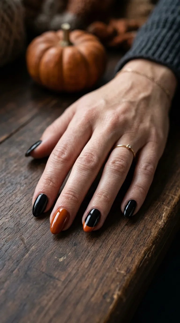 Black and burnt orange Halloween nails with an orange accent on a wooden table beside a pumpkin