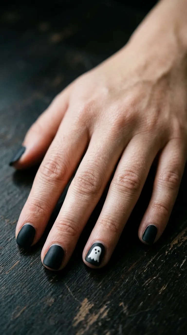 Matte black nails with a tiny white ghost accent on the ring finger