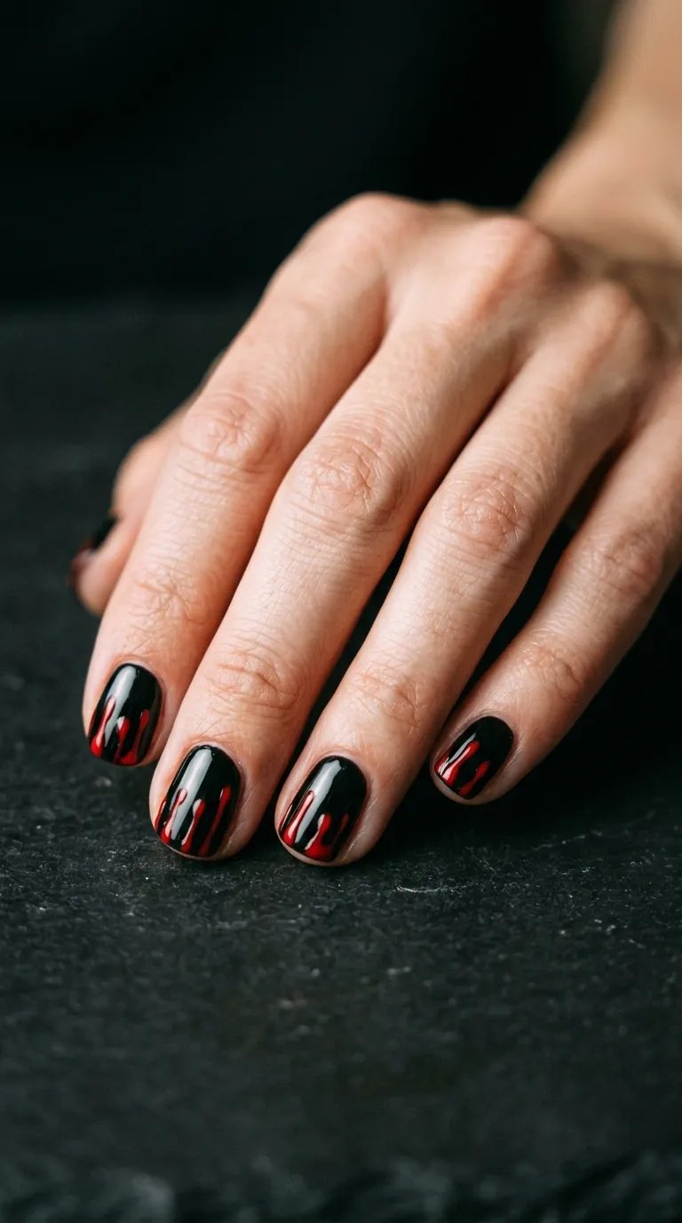 Black nails with red blood drip lines along the cuticle on dark slate