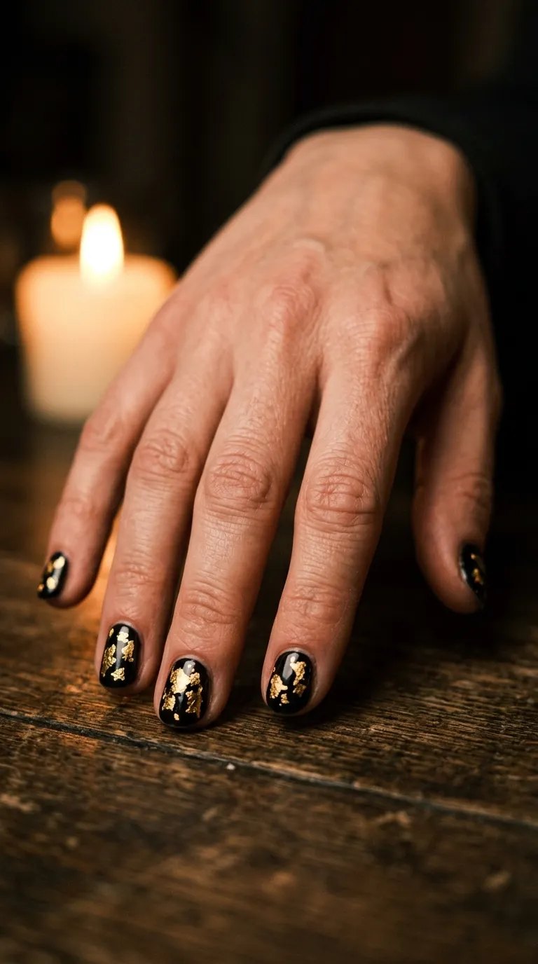 Black nails with torn gold foil flakes in candlelight on a wooden table