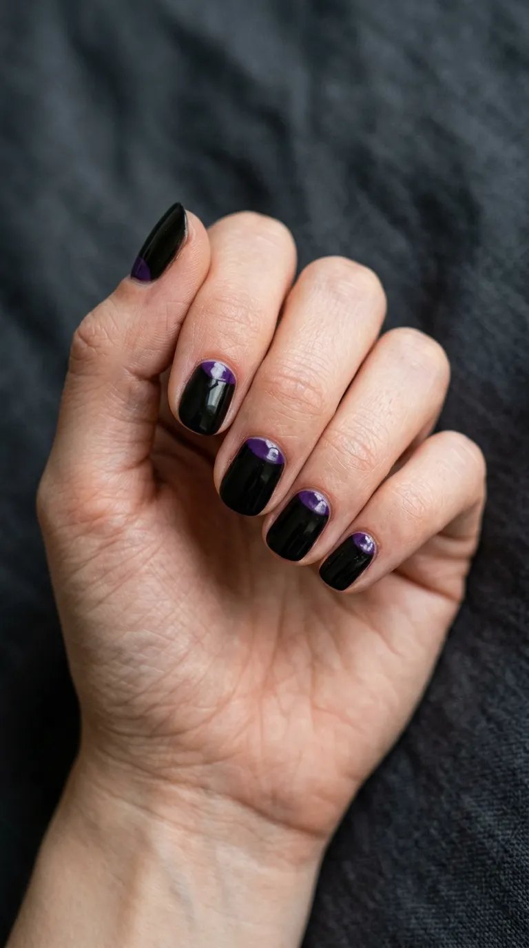 Black glossy nails with a deep violet half-moon at the cuticle