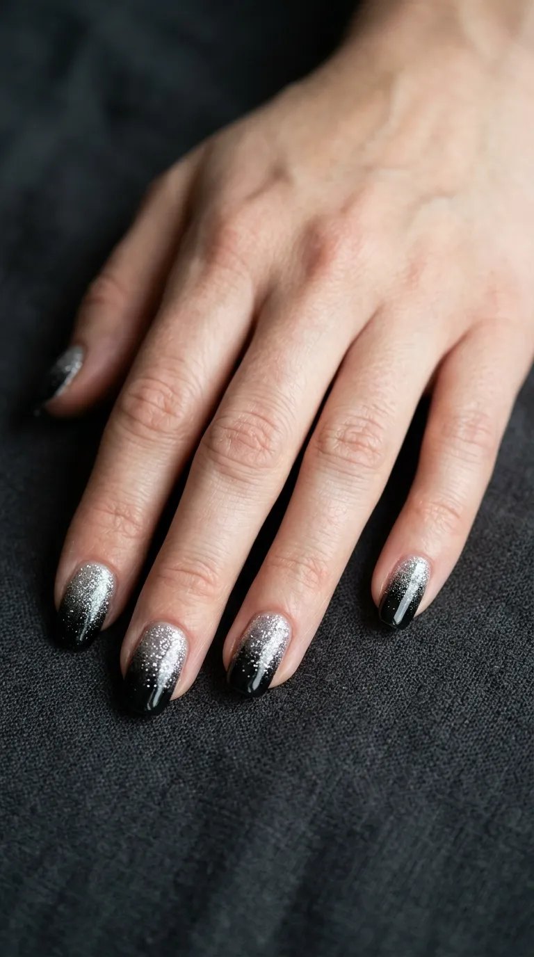 Black nails with fine silver glitter fading from the cuticle on dark linen