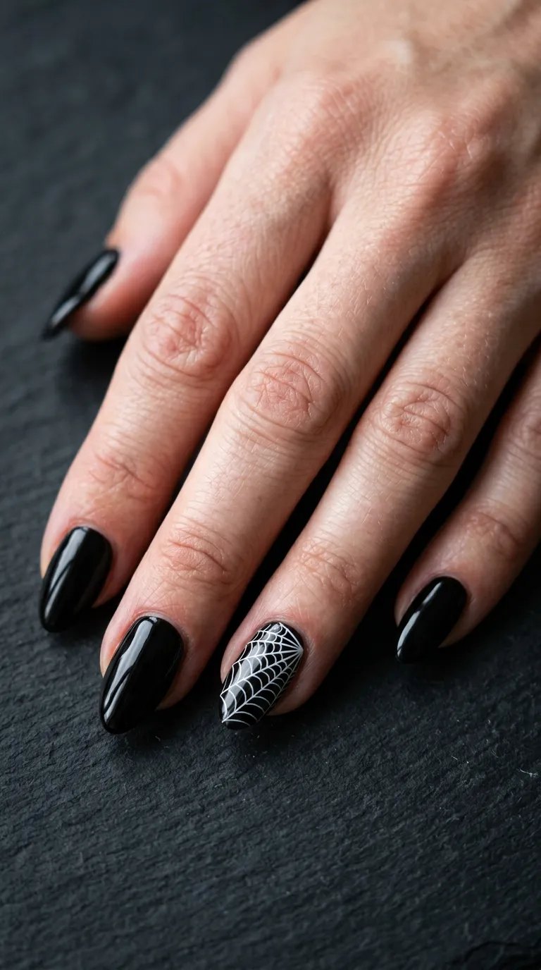Glossy black nails with a white spiderweb accent on the ring finger