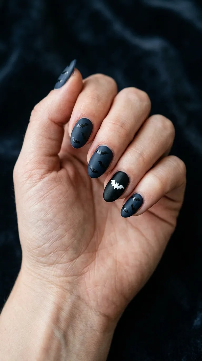 Dark navy-black matte nails with a white bat silhouette accent