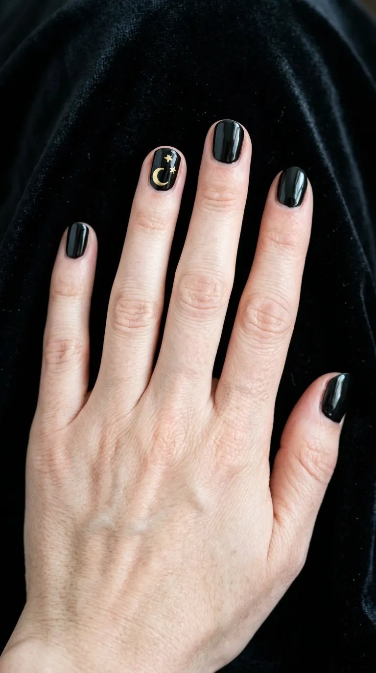 Black nails with a gold crescent moon and star accent on dark velvet