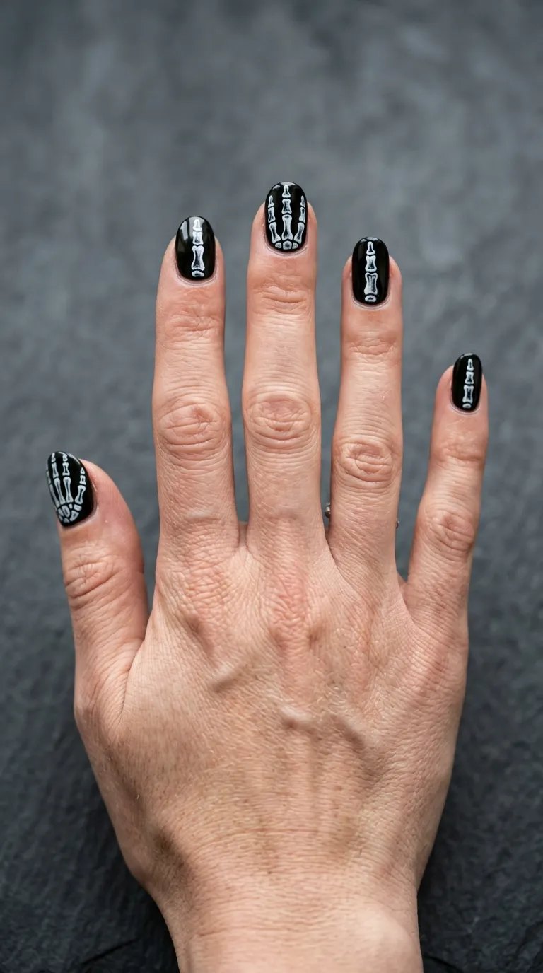 Skeleton hand nails with white bone lines painted on black nails