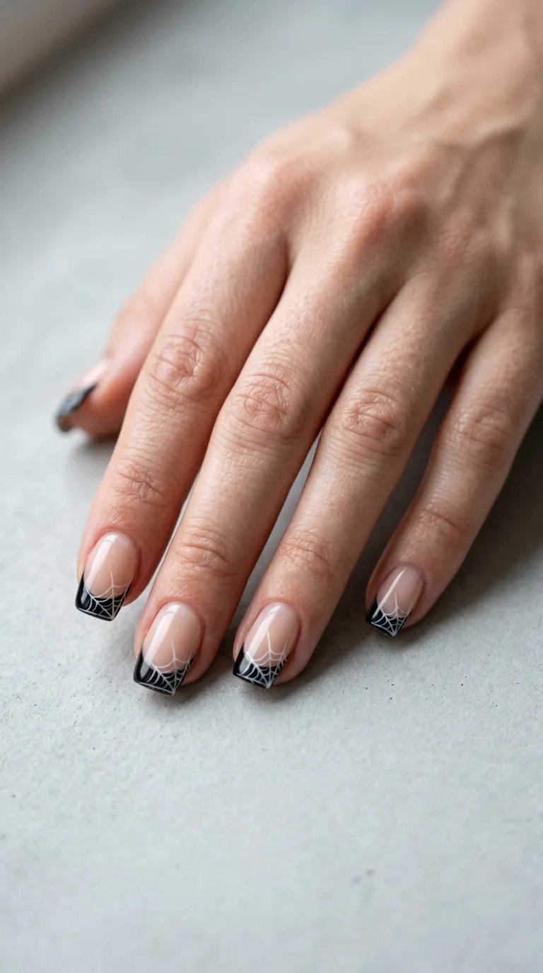 Cobweb French tip nails with black tips and a thin web on a sheer nude base