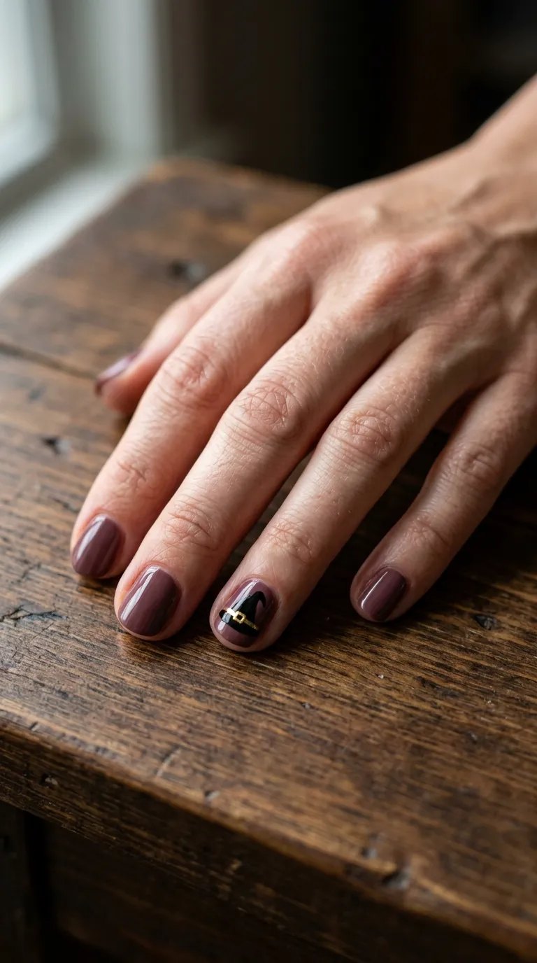 Plum nails with a black witch hat silhouette and a thin gold buckle accent on a wooden table